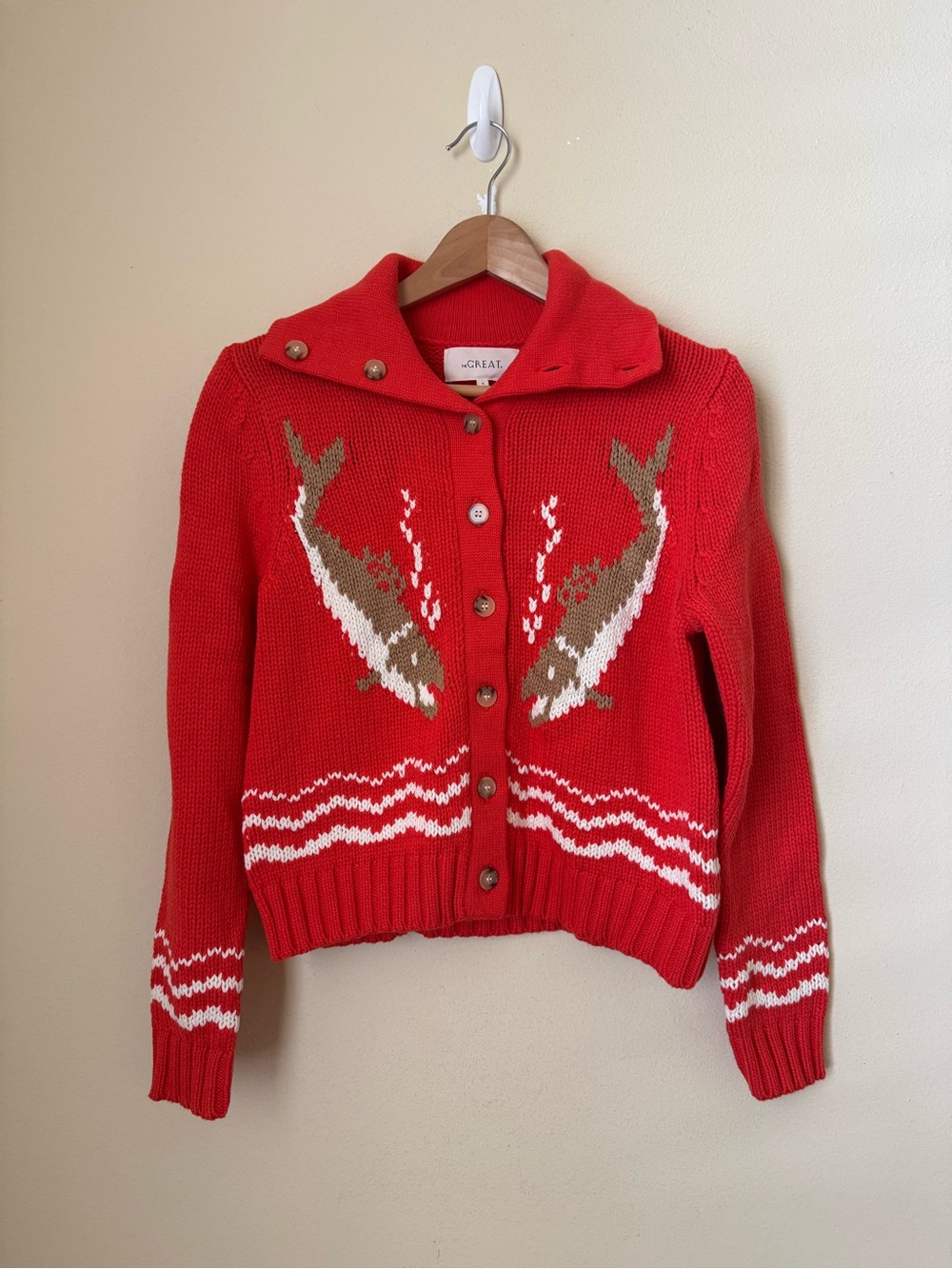The Great. Grove Bass Cardigan Sweater Knit Hot Red 0 XS